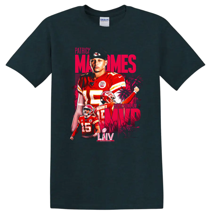 Patrick Mahomes Chiefs Super Bowl LIV MVP layered football portrait in pink and red on a Midnight (Green) T Shirt