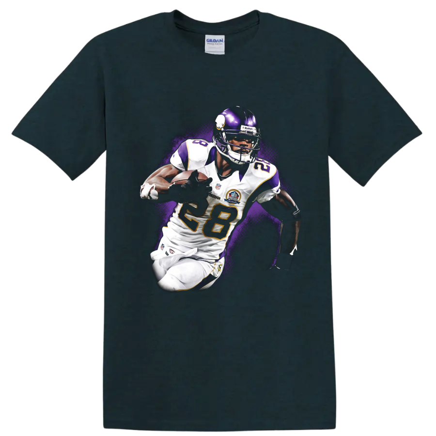 Adrian Peterson Minnesota Vikings running back action artwork with purple halftone burst on a Midnight (Green) T Shirt
