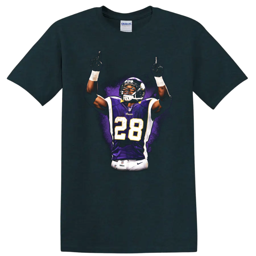 Adrian Peterson Vikings number 28 purple jersey celebration with purple splash art on a Midnight (Green) T Shirt