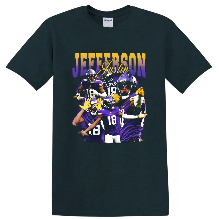 Justin Jefferson Minnesota Vikings purple football action collage with JEFFERSON lettering on a Midnight (Green) T Shirt