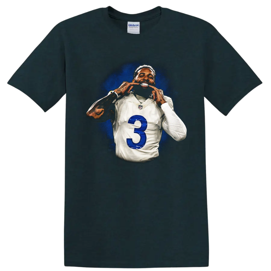 Odell Beckham Jr Cleveland Browns number 3 portrait with blue splatter background on a Midnight (Green) T Shirt