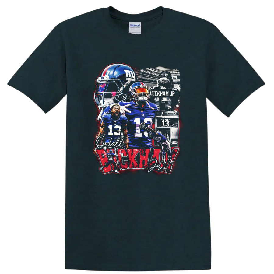 Odell Beckham Jr New York Giants No. 13 football action collage with helmet art on a Midnight (Green) T Shirt