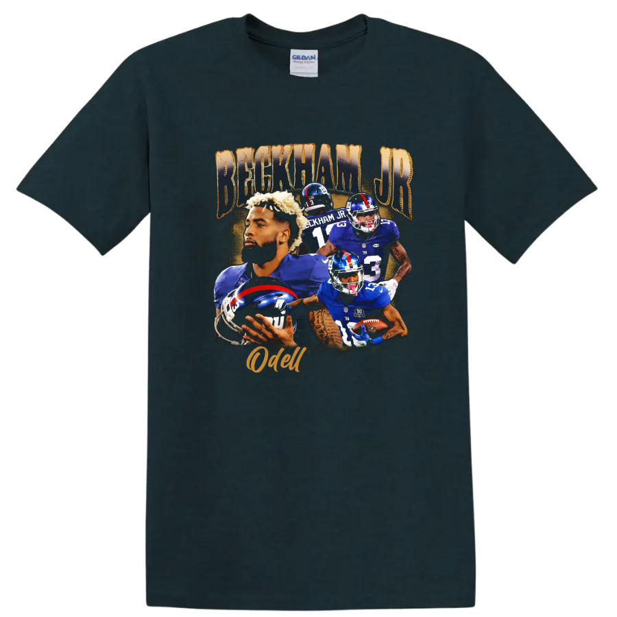 Odell Beckham Jr. New York Giants football action collage with Beckham Jr. and Odell text on a Midnight (Green) T Shirt