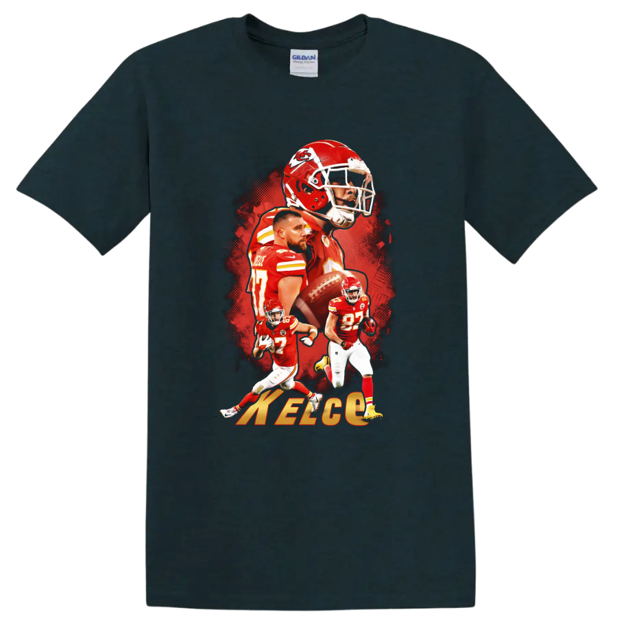 Travis Kelce Kansas City Chiefs football action collage with number 87 and helmet art on a Midnight (Green) T Shirt