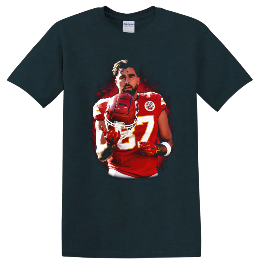 Travis Kelce Kansas City Chiefs number 87 helmet portrait in bold halftone sports art on a Midnight (Green) T Shirt