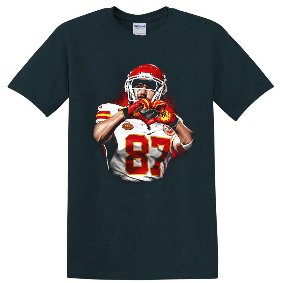 Travis Kelce Chiefs football portrait making heart hands in red splatter art on a Midnight (Green) T Shirt