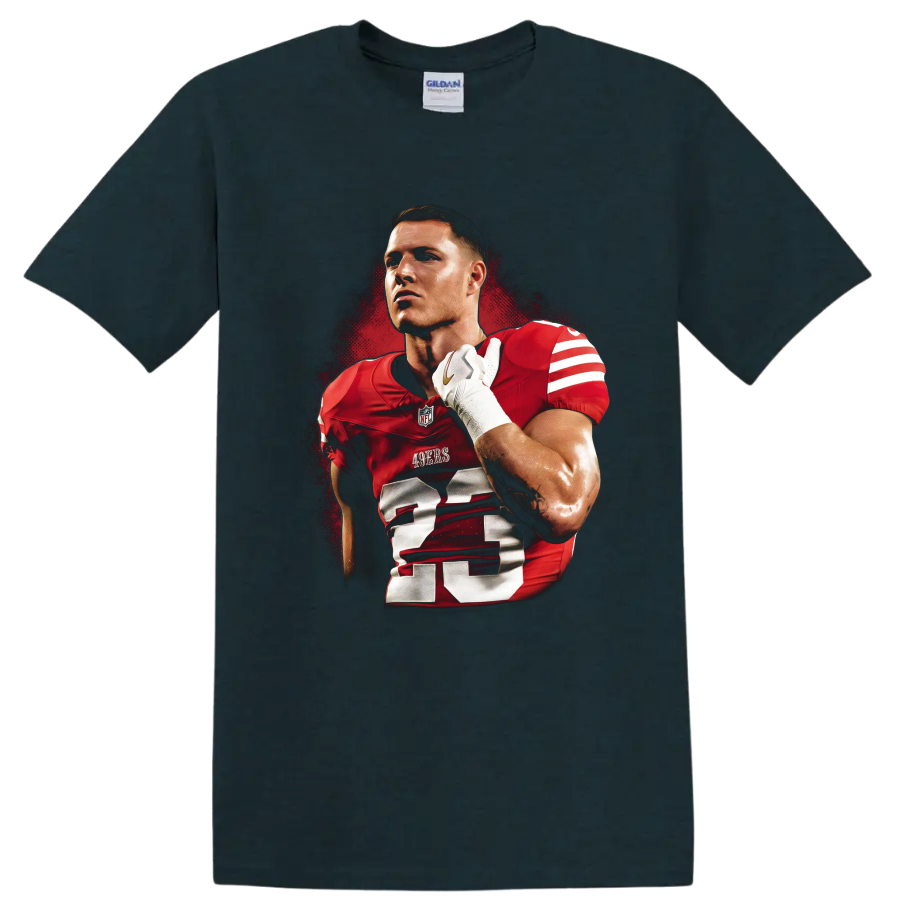 Christian McCaffrey 49ers number 23 football portrait in gritty red poster style on a Midnight (Green) T Shirt