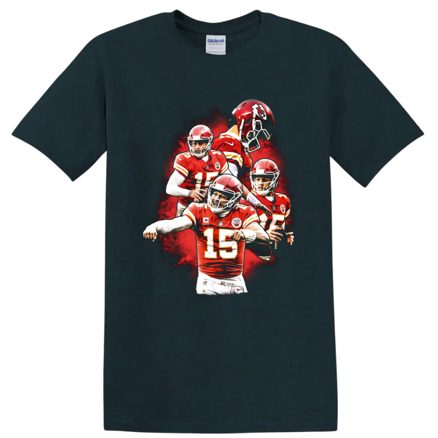 Patrick Mahomes Kansas City Chiefs quarterback action collage with red splatter on a Midnight (Green) T Shirt