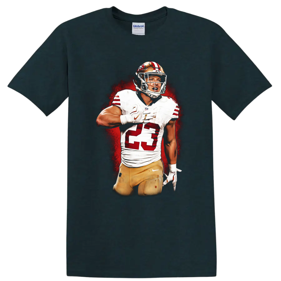 Christian McCaffrey 49ers number 23 football action portrait with red halftone backdrop on a Midnight (Green) T Shirt