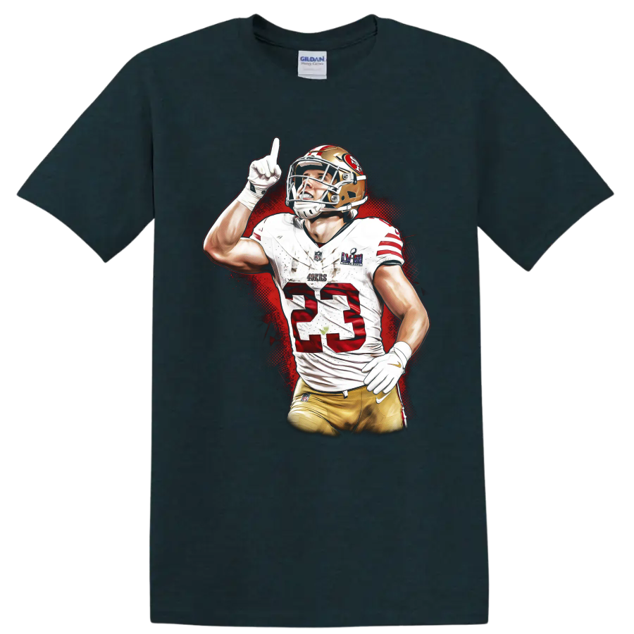 Christian McCaffrey 49ers number 23 football player in red splatter sports art on a Midnight (Green) T Shirt
