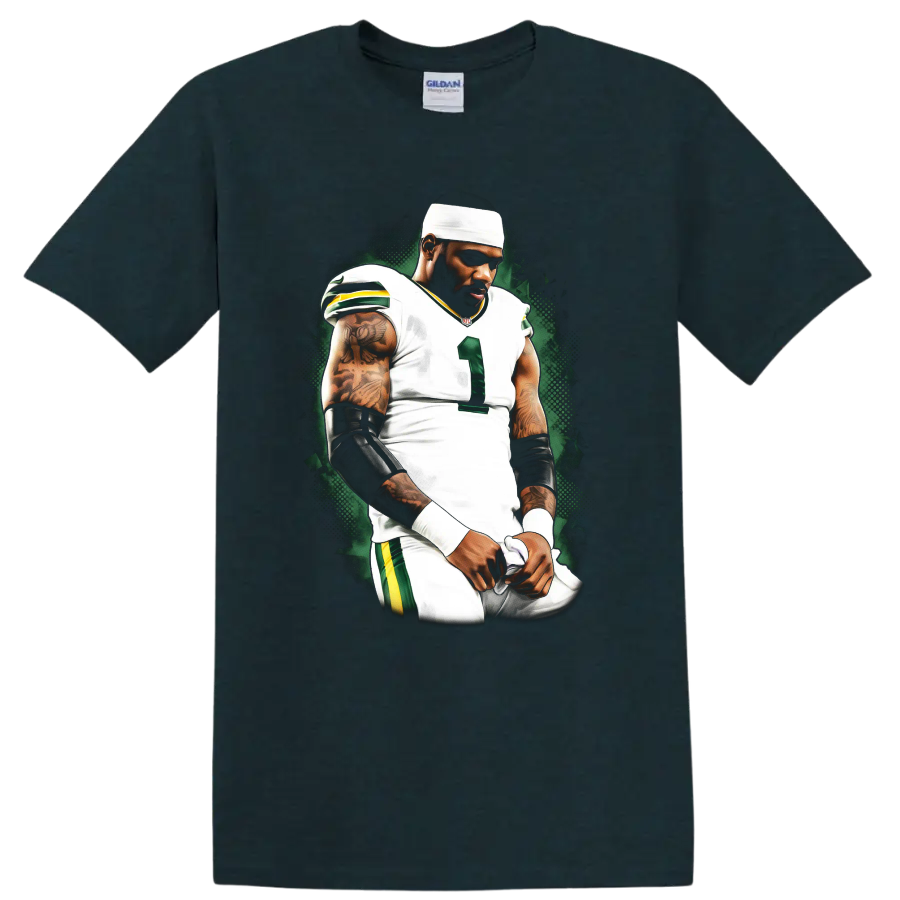 Davante Adams football player portrait in white uniform with green halftone backdrop on a Midnight (Green) T Shirt