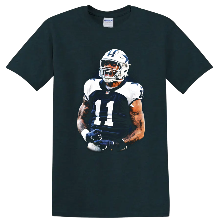 Micah Parsons Dallas Cowboys number 11 football action portrait graphic on a Midnight (Green) T Shirt