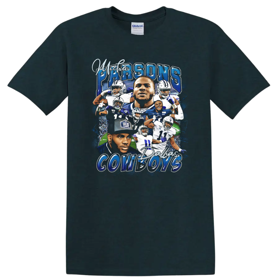 Micah Parsons Dallas Cowboys football collage with player portraits and action poses on a Midnight (Green) T Shirt