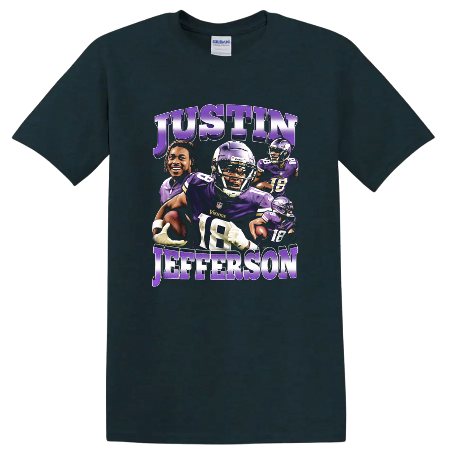 Justin Jefferson Minnesota Vikings layered purple football action collage with bold name on a Midnight (Green) T Shirt