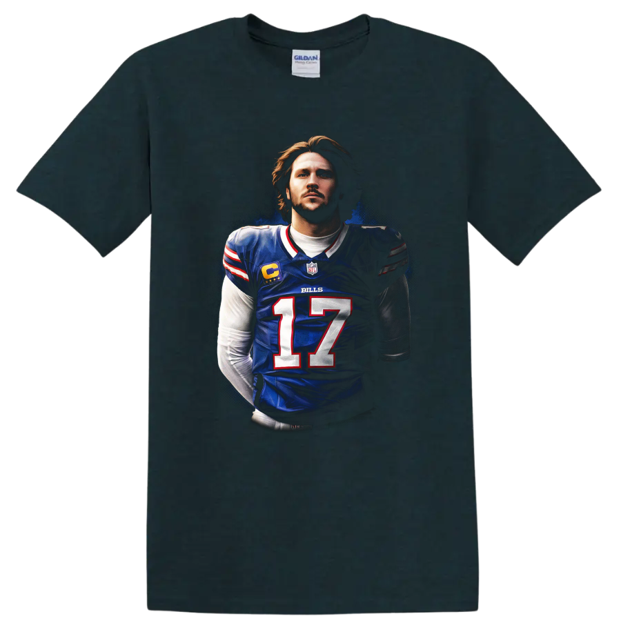 Josh Allen Buffalo Bills number 17 quarterback portrait in dramatic football poster style on a Midnight (Green) T Shirt