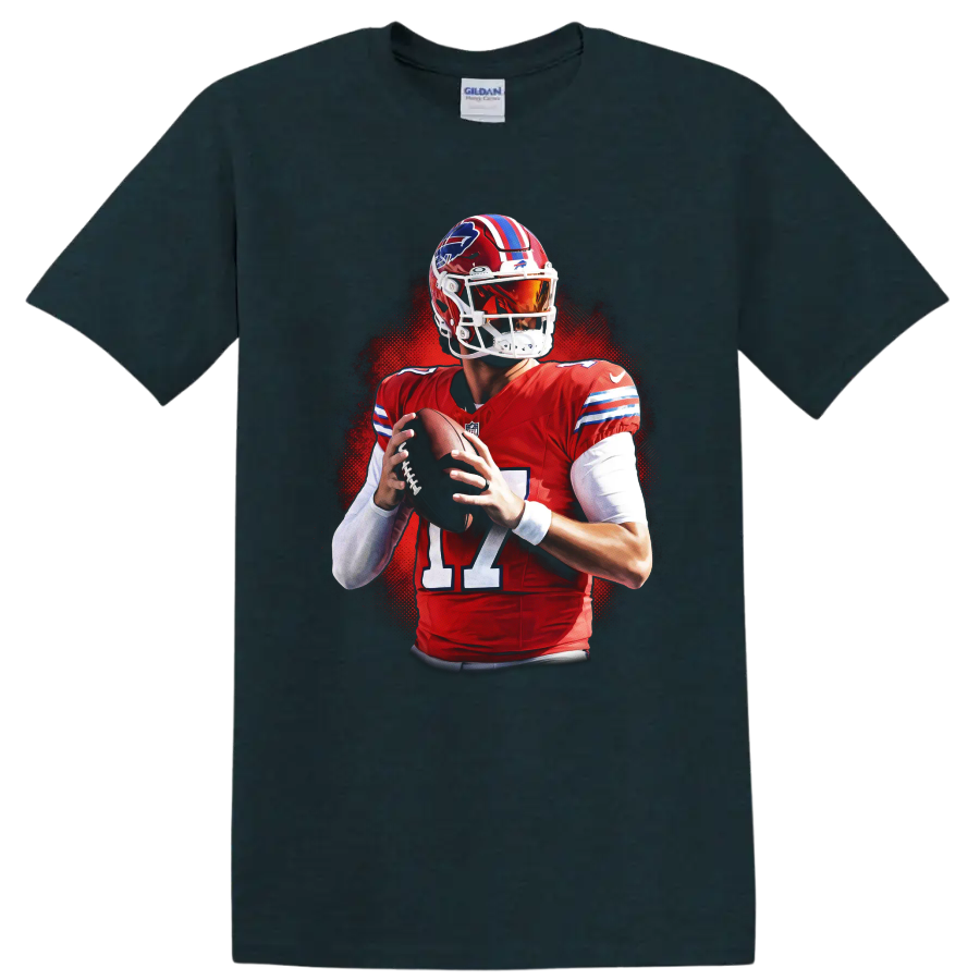 Josh Allen Buffalo Bills No. 17 quarterback action portrait with red halftone backdrop on a Midnight (Green) T Shirt