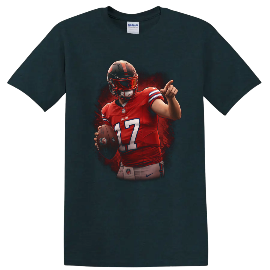Josh Allen Buffalo Bills number 17 quarterback action illustration with football on a Midnight (Green) T Shirt