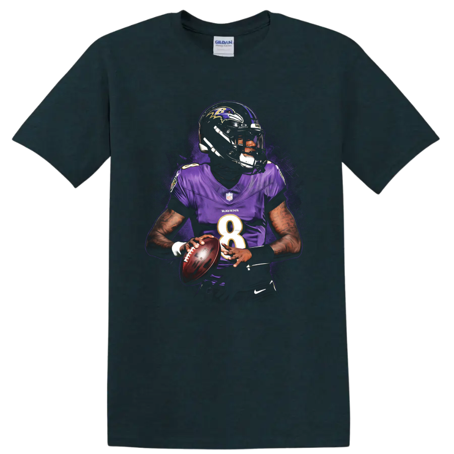Lamar Jackson Baltimore Ravens quarterback action portrait with purple splatter artwork on a Midnight (Green) T Shirt