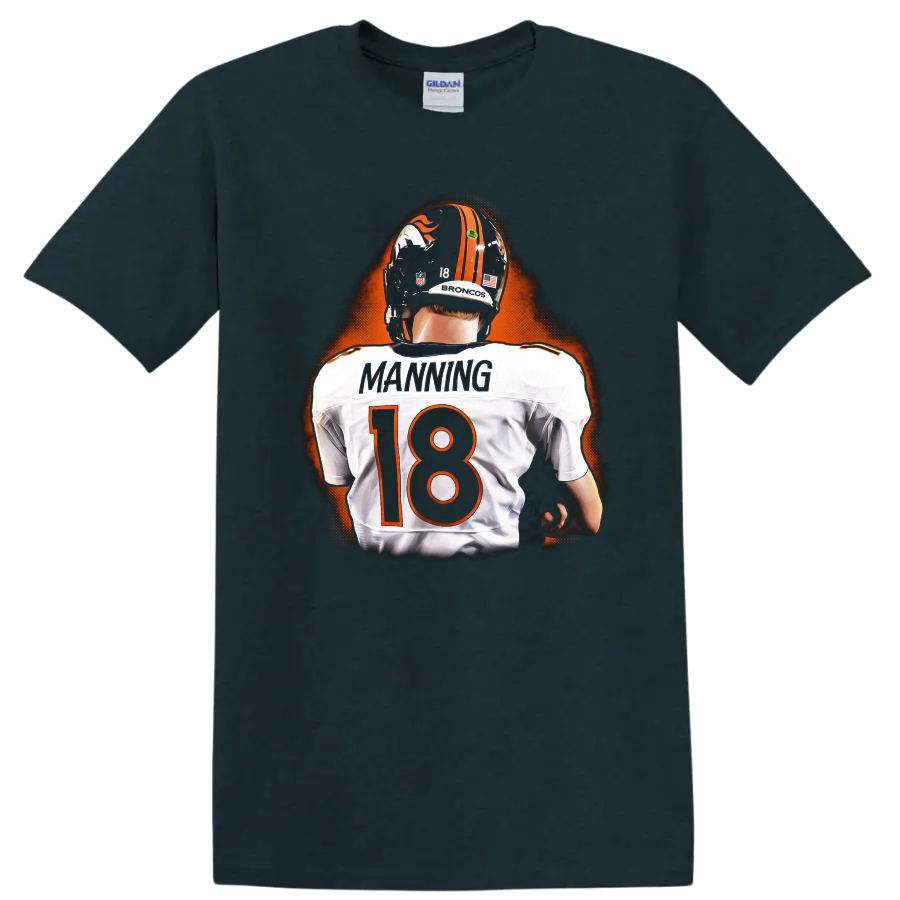 Peyton Manning Broncos No. 18 back-view football player with orange glow on a Midnight (Green) T Shirt