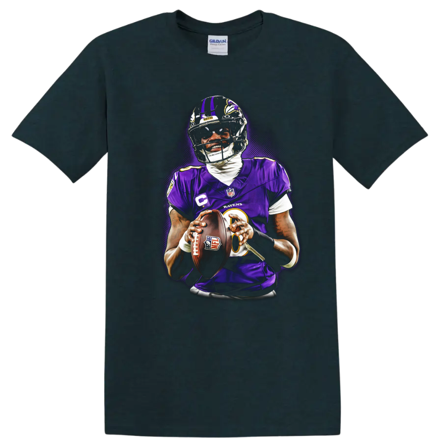 Lamar Jackson Baltimore Ravens quarterback holding a football in glowing purple action art on a Midnight (Green) T Shirt