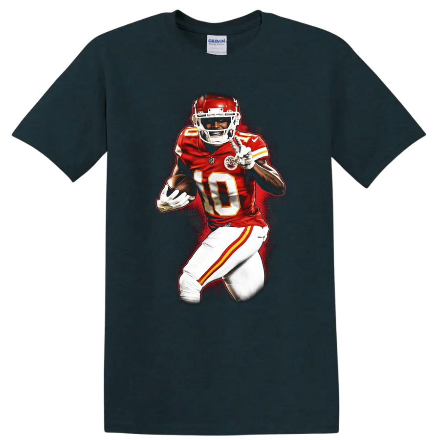 Tyreek Hill Kansas City Chiefs number 10 football action graphic with red splatter on a Midnight (Green) T Shirt