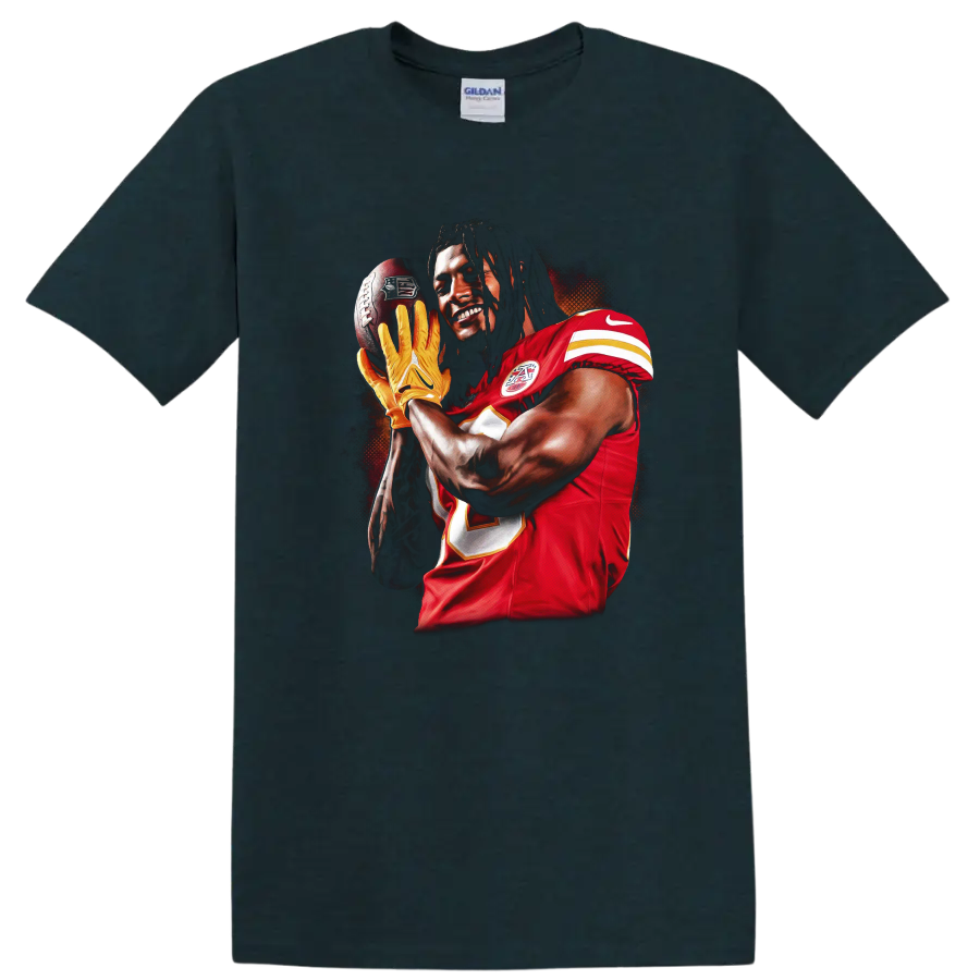 Tyreek Hill Kansas City Chiefs catch-ready football player portrait in bold sports art on a Midnight (Green) T Shirt