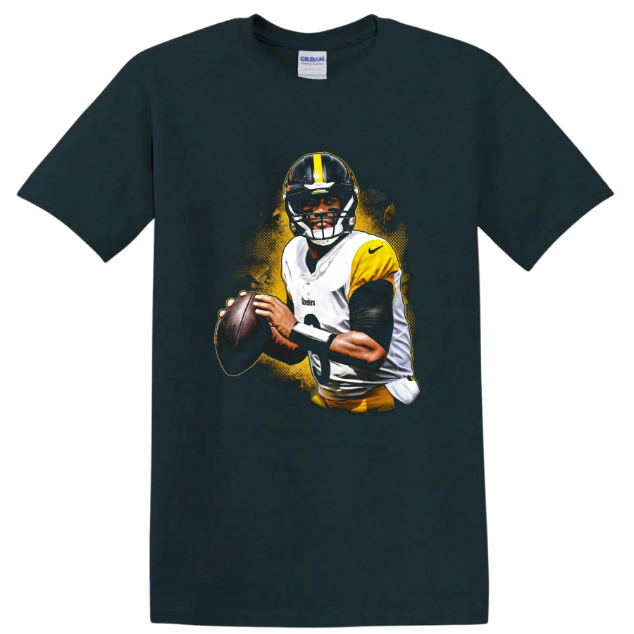 T.J. Watt Pittsburgh Steelers football player portrait with gold grunge splash on a Midnight (Green) T Shirt
