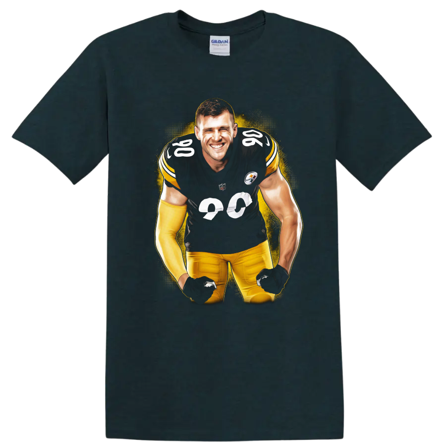 T.J. Watt Pittsburgh Steelers number 90 football player portrait with gold splatter on a Midnight (Green) T Shirt