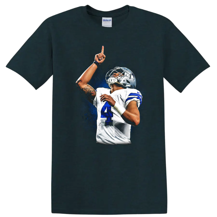 Dak Prescott Dallas Cowboys football action portrait with blue splash background on a Midnight (Green) T Shirt