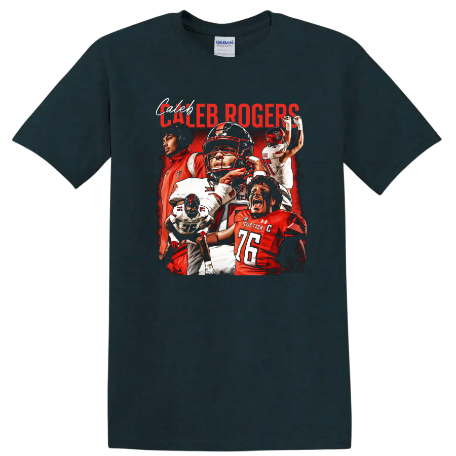Caleb Rogers Texas Tech Red Raiders football action collage with bold red lettering on a Midnight (Green) T Shirt