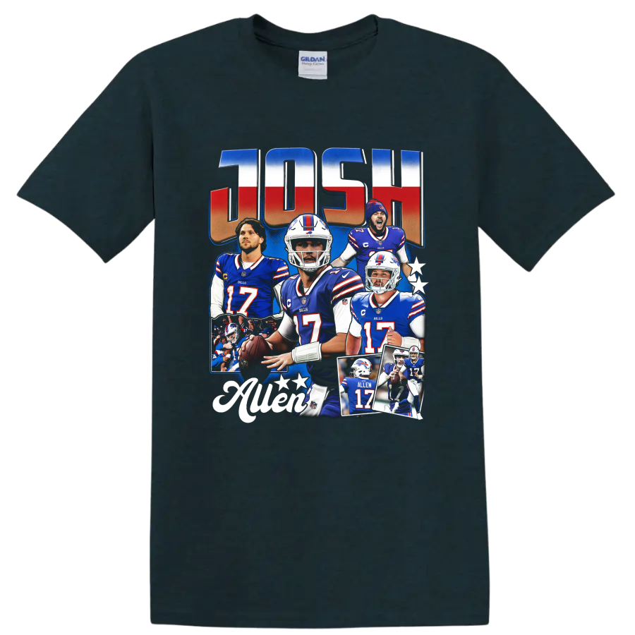 Josh Allen Buffalo Bills football collage with stars and ALLEN 17 action imagery on a Midnight (Green) T Shirt