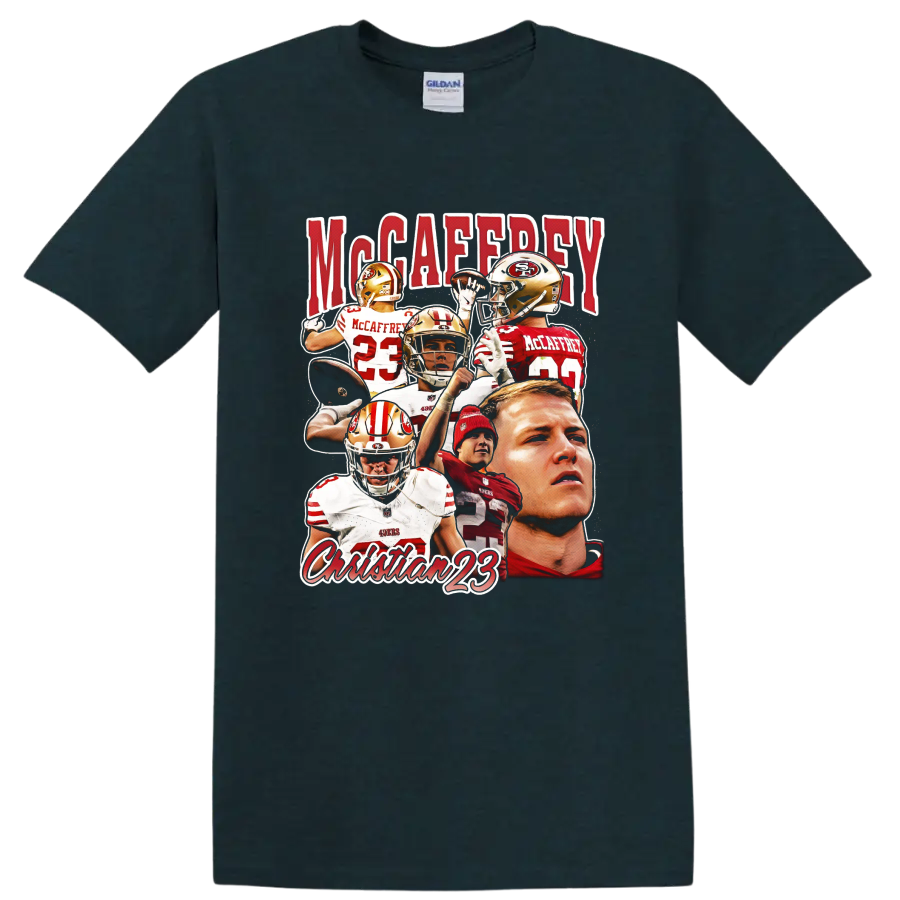 Christian McCaffrey 49ers number 23 football action collage with bold McCaffrey lettering on a Midnight (Green) T Shirt