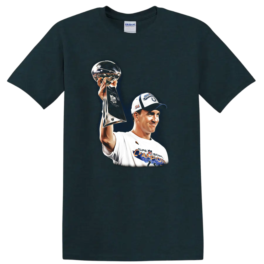Peyton Manning raising the Lombardi Trophy in a Super Bowl champion sports illustration on a Midnight (Green) T Shirt