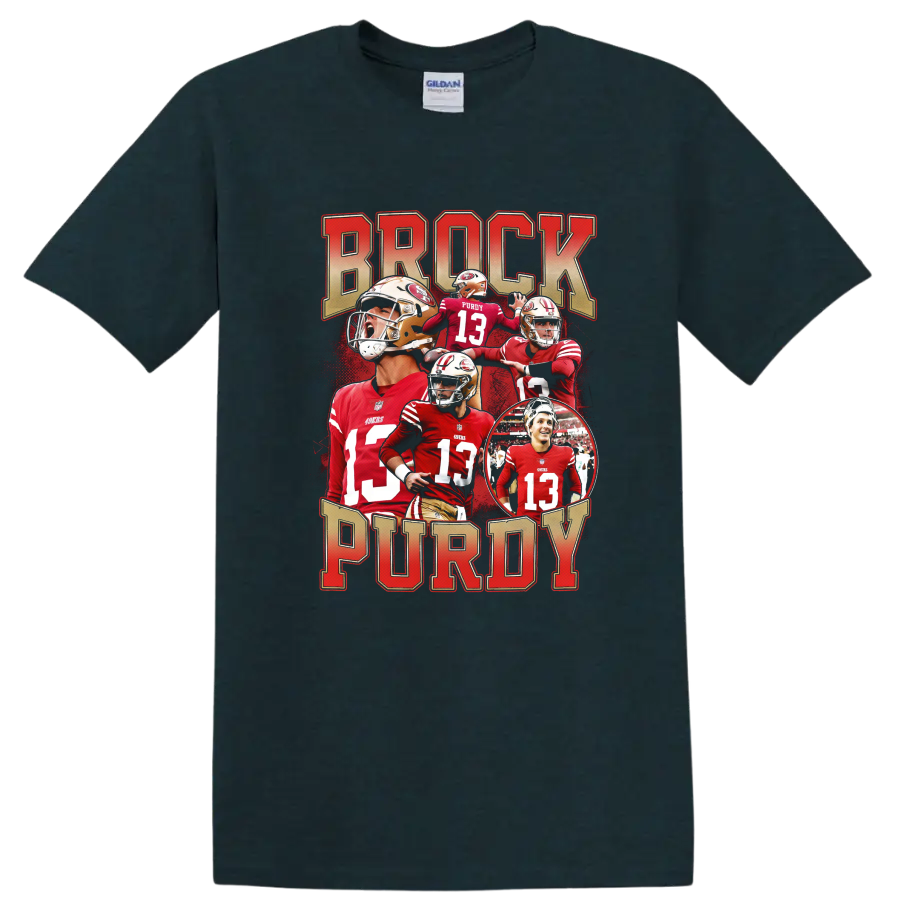 Brock Purdy San Francisco 49ers quarterback collage with bold BROCK PURDY lettering on a Midnight (Green) T Shirt