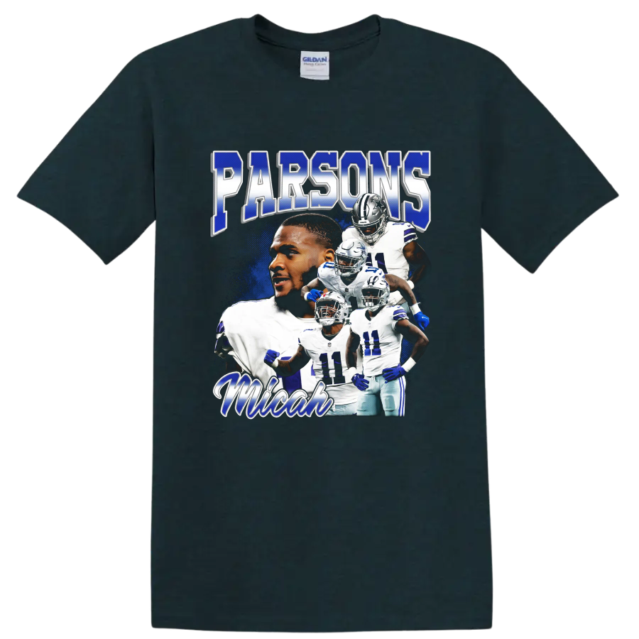 Micah Parsons Dallas Cowboys action collage with Parsons and football player imagery on a Midnight (Green) T Shirt