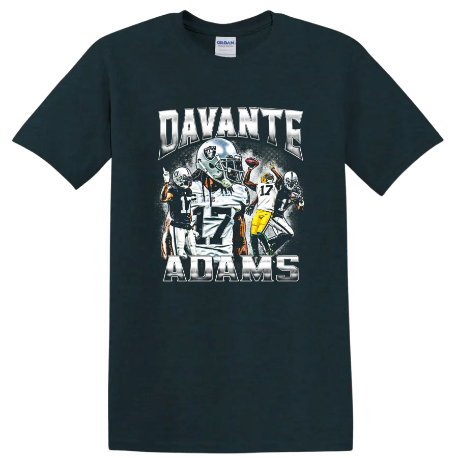 Davante Adams Las Vegas Raiders football action collage with metallic name lettering on a Midnight (Green) T Shirt