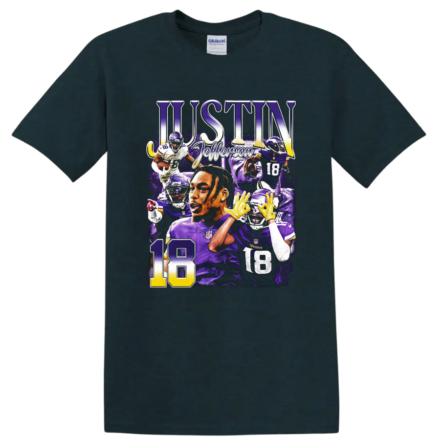 Justin Jefferson Minnesota Vikings number 18 purple football action collage on a Midnight (Green) T Shirt