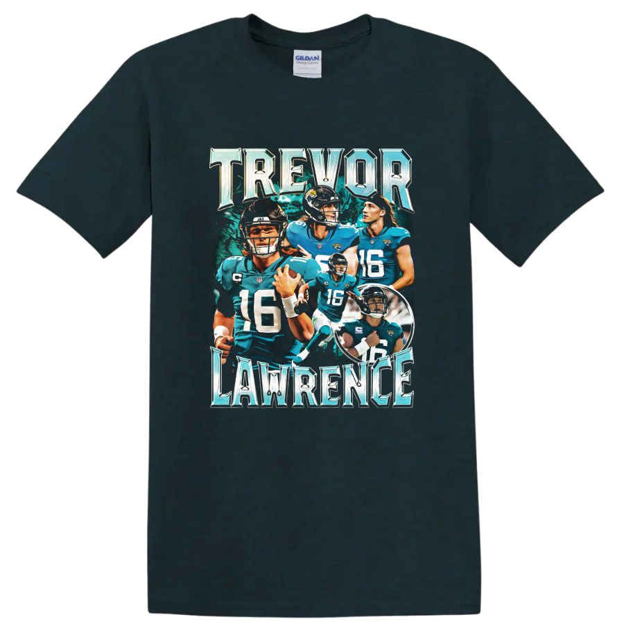 Trevor Lawrence Jaguars quarterback action collage with metallic lettering on a Midnight (Green) T Shirt