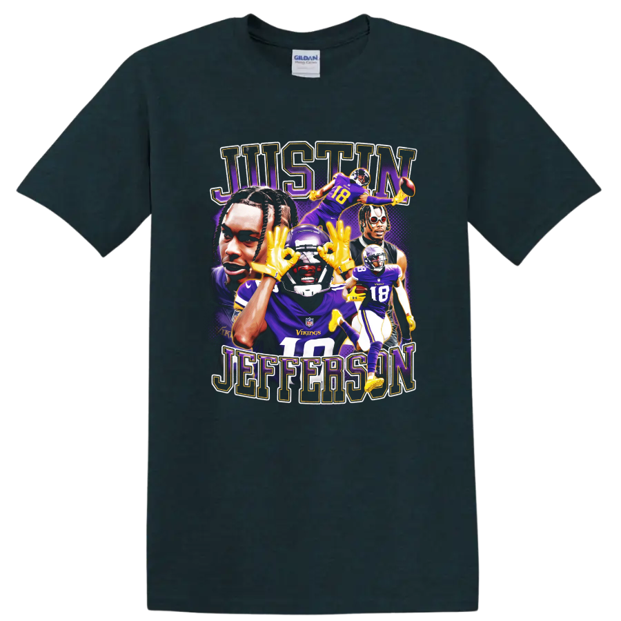 Justin Jefferson Minnesota Vikings football portrait collage with JUSTIN JEFFERSON text on a Midnight (Green) T Shirt