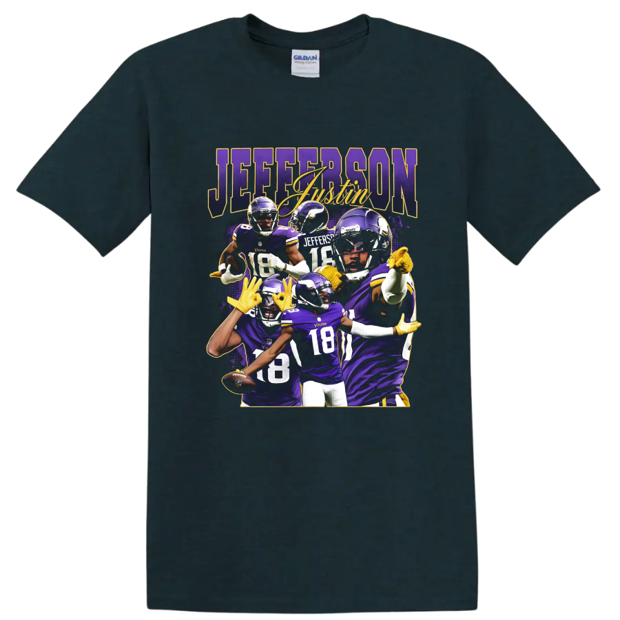 Justin Jefferson Minnesota Vikings football player collage with purple and gold action on a Midnight (Green) T Shirt