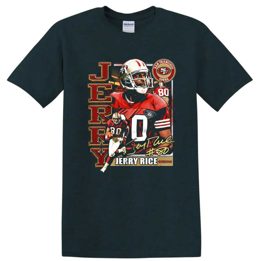 Jerry Rice 49ers retro football collage with number 80, action poses, and signature-style on a Midnight (Green) T Shirt