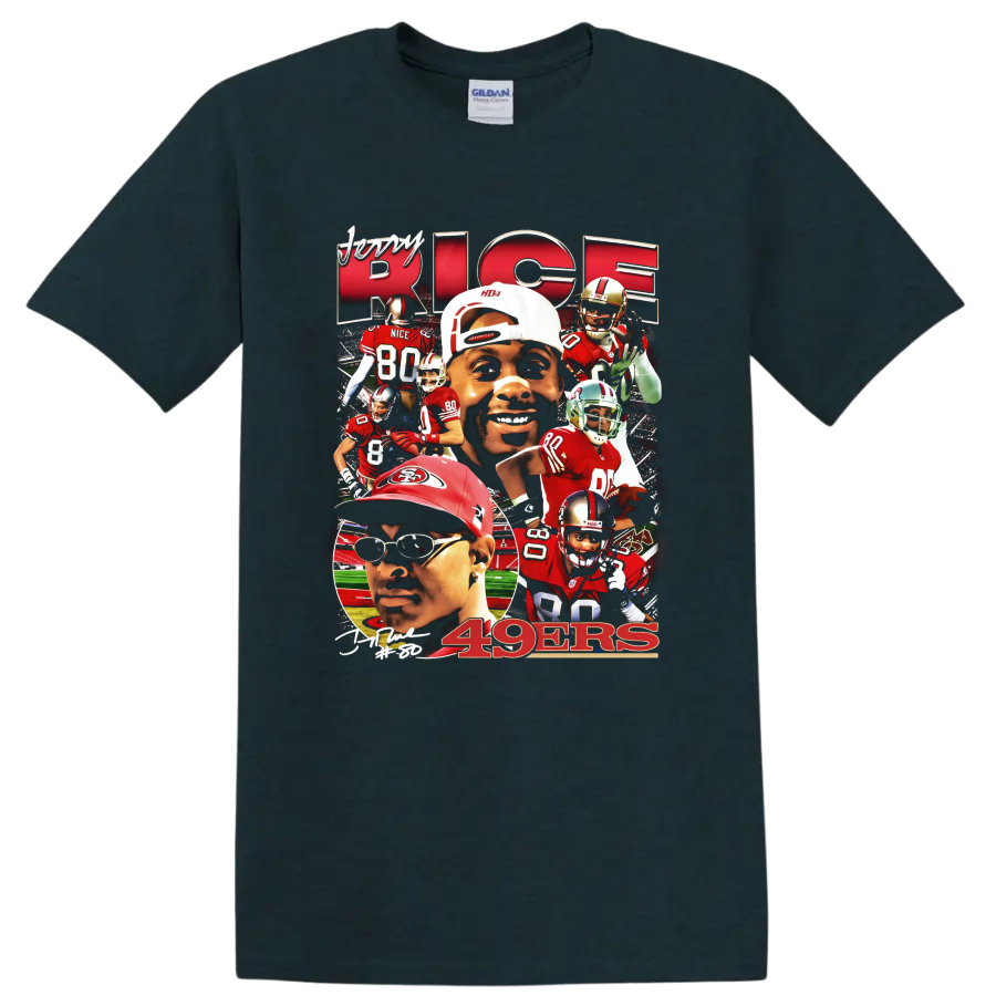Jerry Rice San Francisco 49ers red and gold football action collage with 49ers text on a Midnight (Green) T Shirt