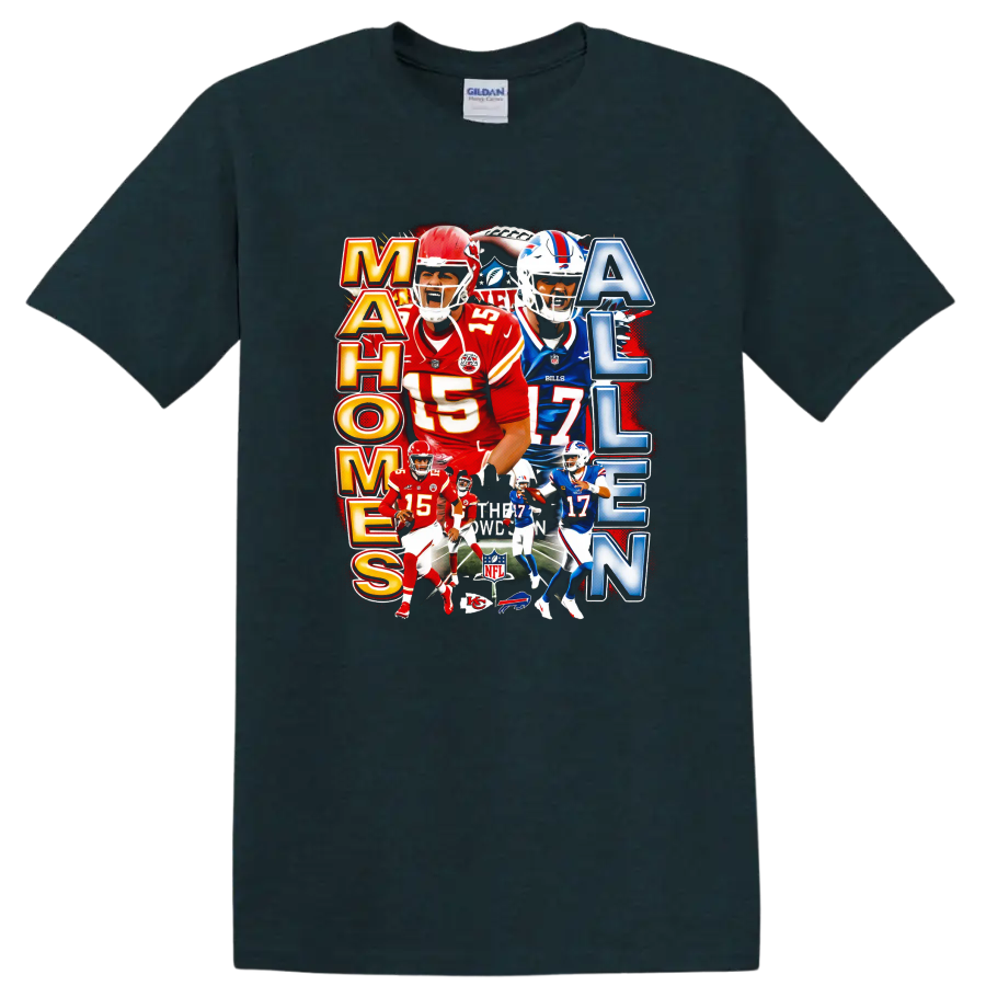 Patrick Mahomes and Josh Allen football rivalry collage with Chiefs and Bills action on a Midnight (Green) T Shirt