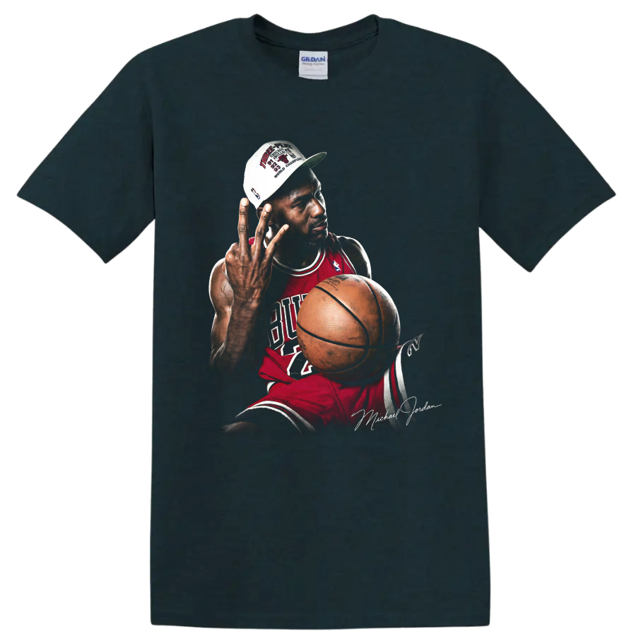 Michael Jordan Chicago Bulls championship portrait with basketball and victory cap on a Midnight (Green) T Shirt