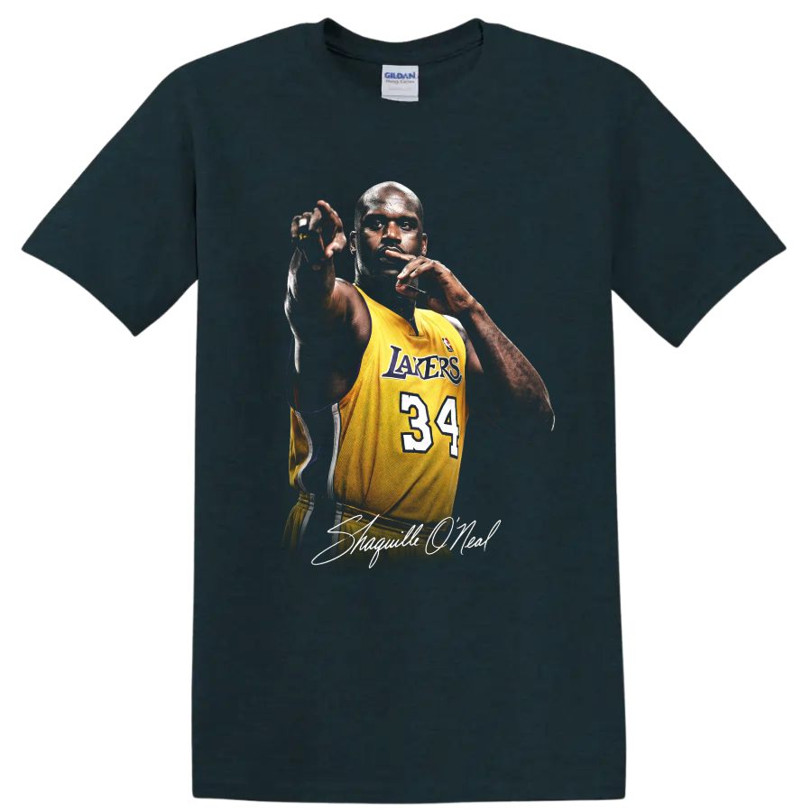Shaquille O'Neal in Los Angeles Lakers number 34 jersey with signature lettering on a Midnight (Green) T Shirt