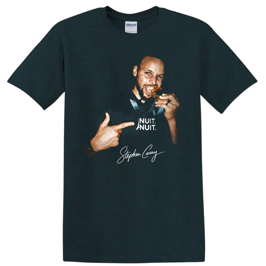 Stephen Curry basketball portrait with white lettering and signature-style graphic on a Midnight (Green) T Shirt