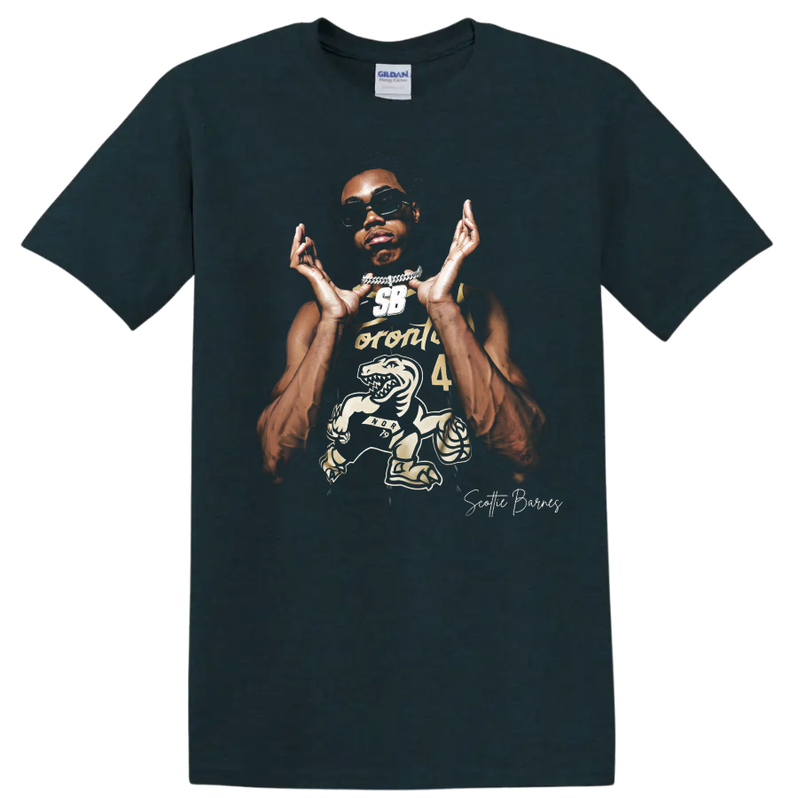 Scottie Barnes Raptors basketball portrait with sunglasses and dinosaur graphic on a Midnight (Green) T Shirt