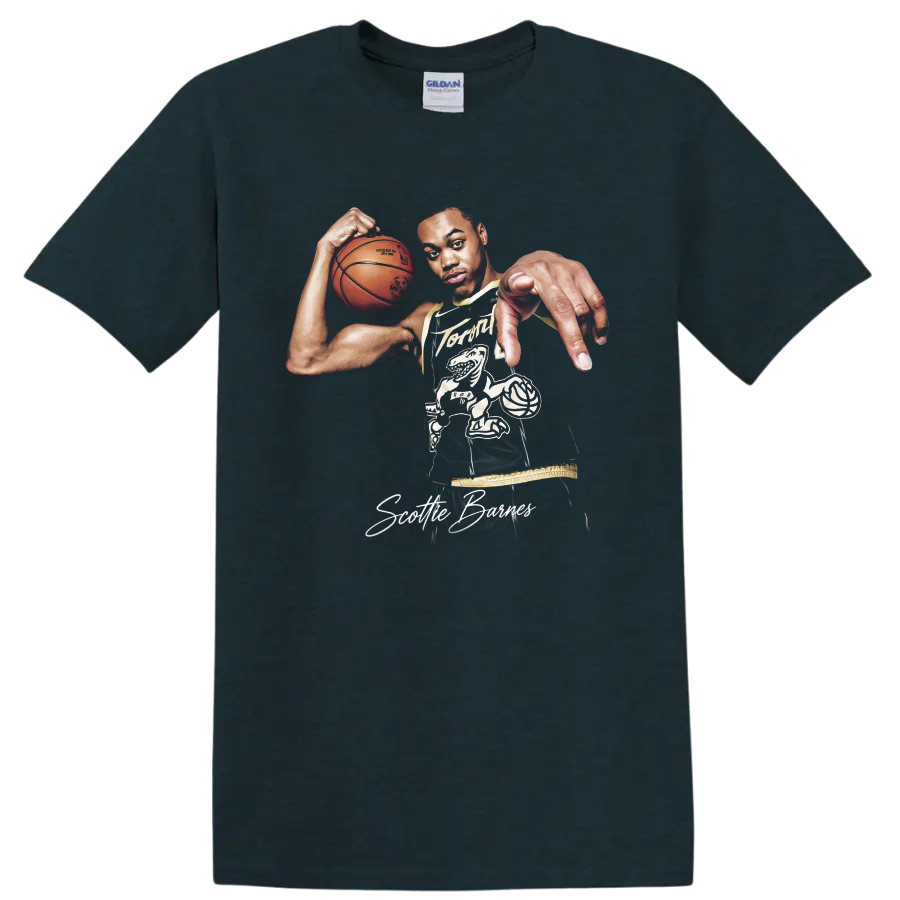 Scottie Barnes Raptors basketball player portrait with ball and signature artwork on a Midnight (Green) T Shirt