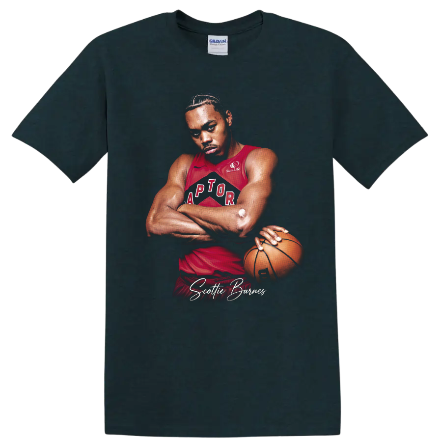 Scottie Barnes Toronto Raptors basketball player portrait with signature text on a Midnight (Green) T Shirt