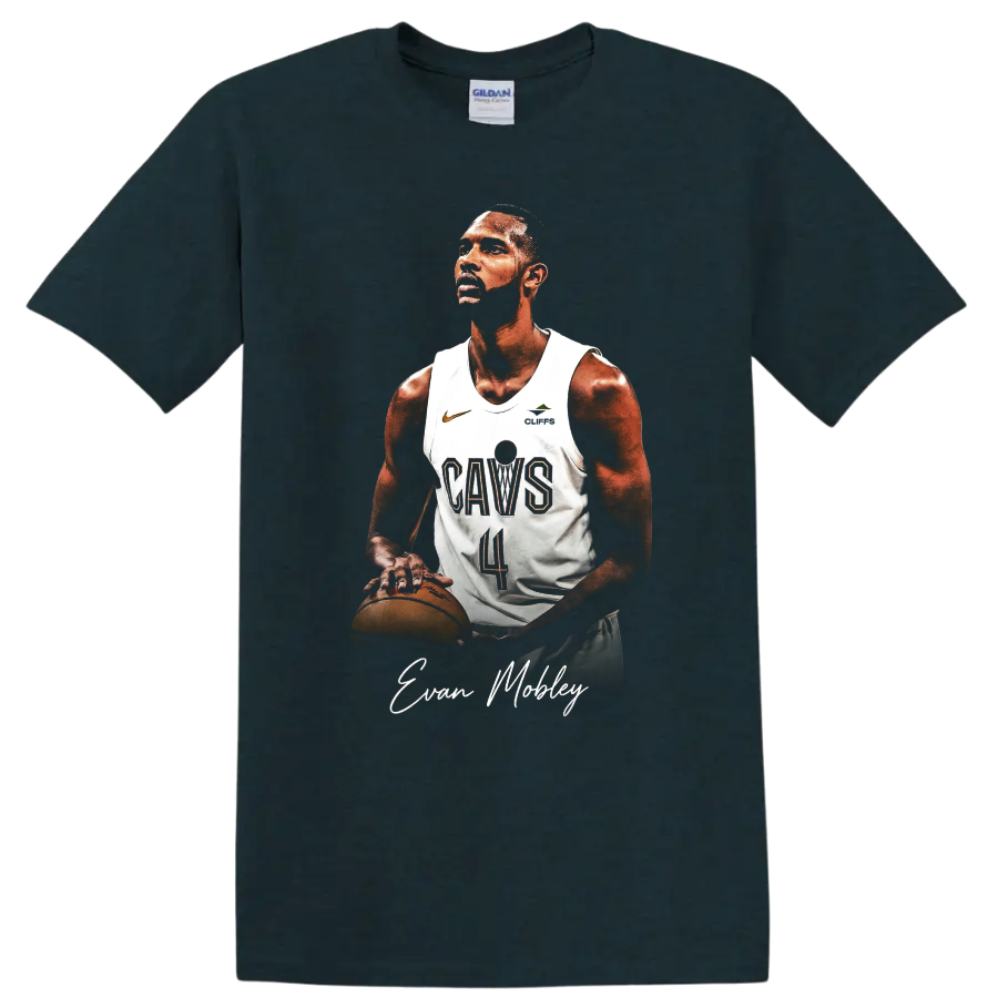 Evan Mobley Cavaliers basketball portrait with jersey, ball, and signature-style name on a Midnight (Green) T Shirt